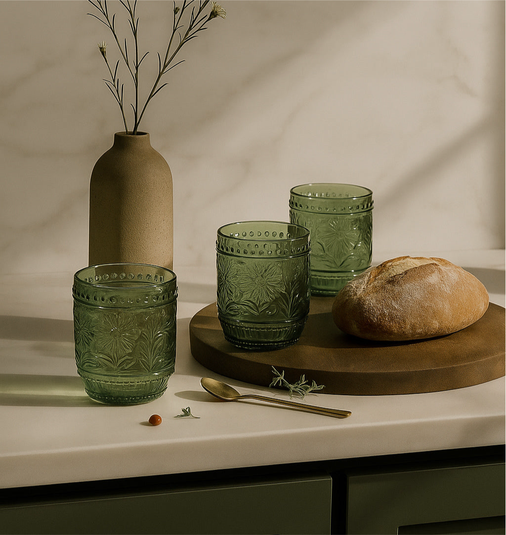 Petra Embossed Drinking Glasses, Green, Set of 4 - Image 2