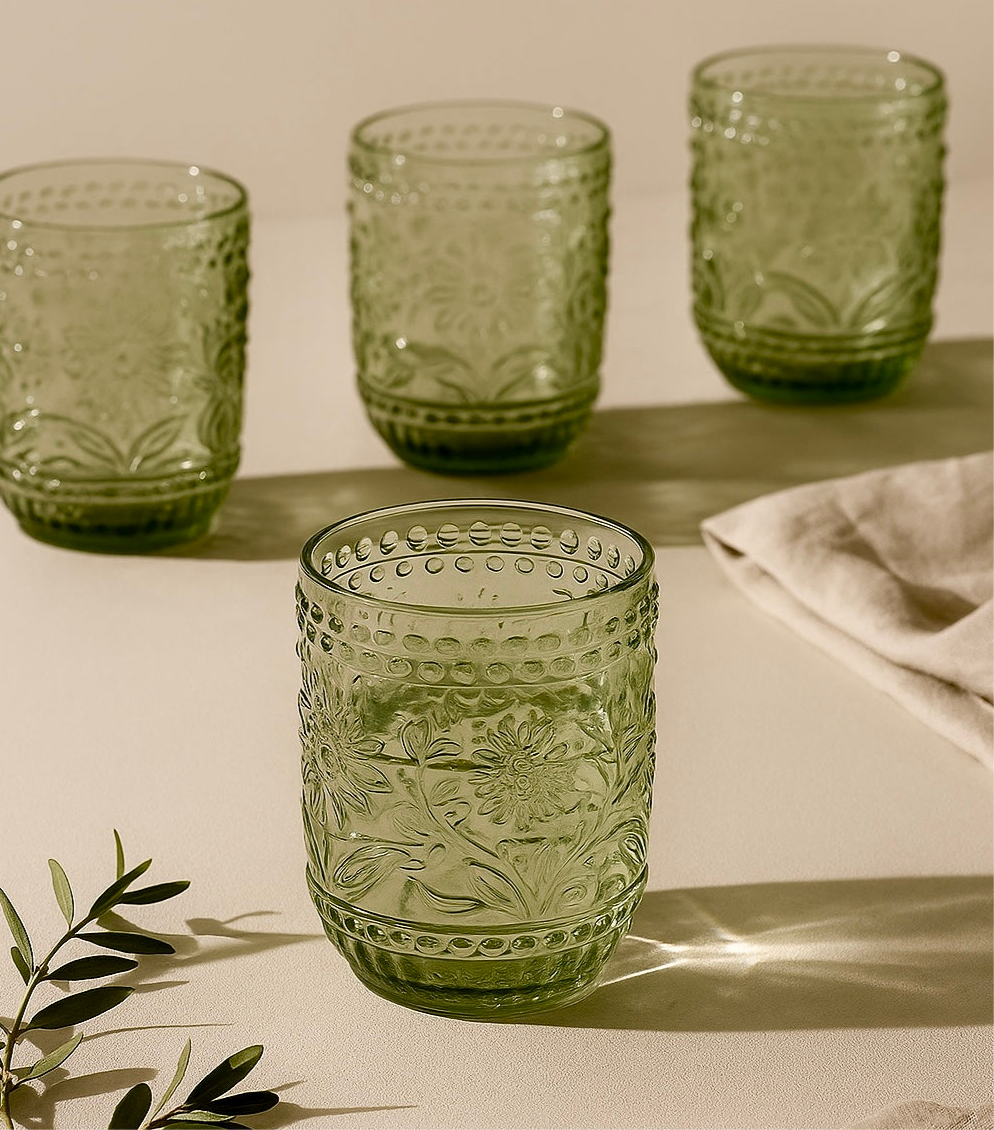 Petra Embossed Drinking Glasses, Green, Set of 4 - Image 3